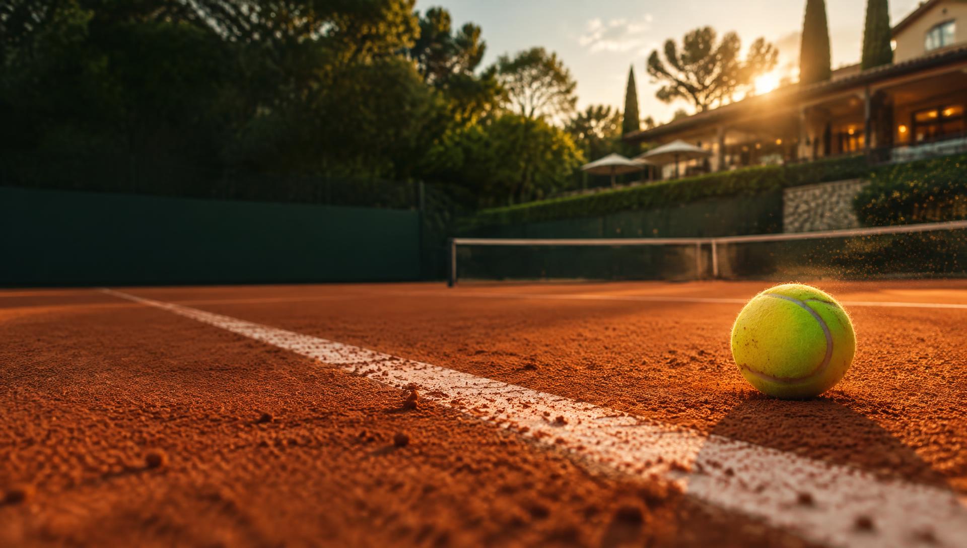 Quadra de tênis de saibro da Match Point ao pôr do sol